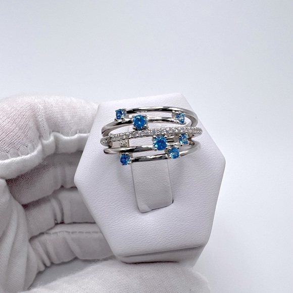 Sterling Silver Blue Topaz Cz & Clear Cz Ring - Picture 6 of 17
